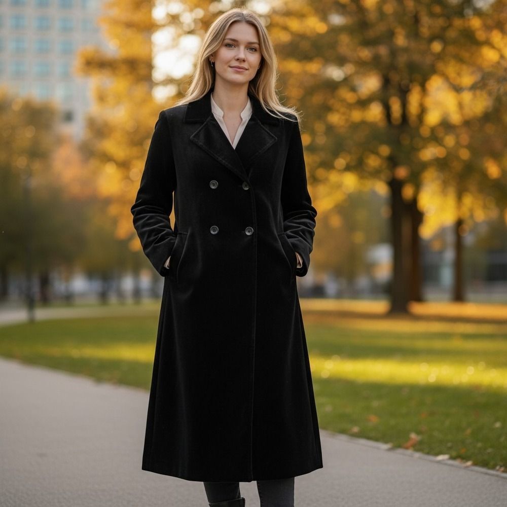 I. Magnin Velvet Trench Coat Womens Black Belted Double Breasted Vtg Gothic Glam